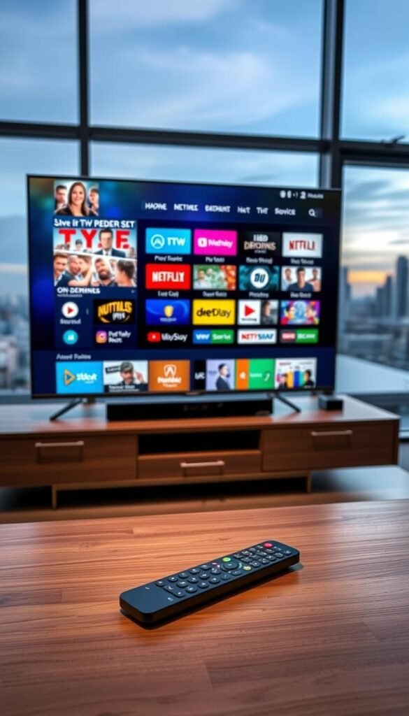 A sleek, modern entertainment center showcases a lifetime IPTV package by Hoxtoon Provider. The screen displays a vibrant, high-definition interface with a vast selection of live TV channels, on-demand movies, and streaming services. In the foreground, a remote control with intuitive controls rests on a minimalist, wooden table. Soft, indirect lighting creates a cozy, inviting atmosphere, while large windows in the background offer a glimpse of a serene, urban skyline. The scene conveys the convenience, versatility, and endless entertainment options of a lifetime IPTV subscription, perfectly tailored to the needs of the modern viewer.