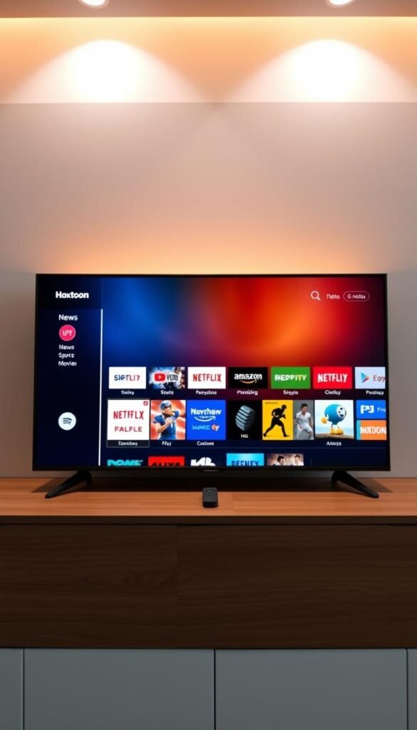 A sleek, modern entertainment center showcases a vibrant display of the Hoxtoon Provider IPTV app, its comprehensive channel selection spanning news, sports, movies, and more. The screen presents a visually striking interface, with sharp, high-definition icons and elegant typography. Warm, directional lighting from above casts a subtle glow, creating a sophisticated ambiance. The device, likely a Fire TV Stick, sits prominently on a minimalist, wood-grain shelf, blending seamlessly with the stylish, contemporary decor. The overall scene conveys a sense of premium quality, technological innovation, and the effortless enjoyment of diverse, curated content.