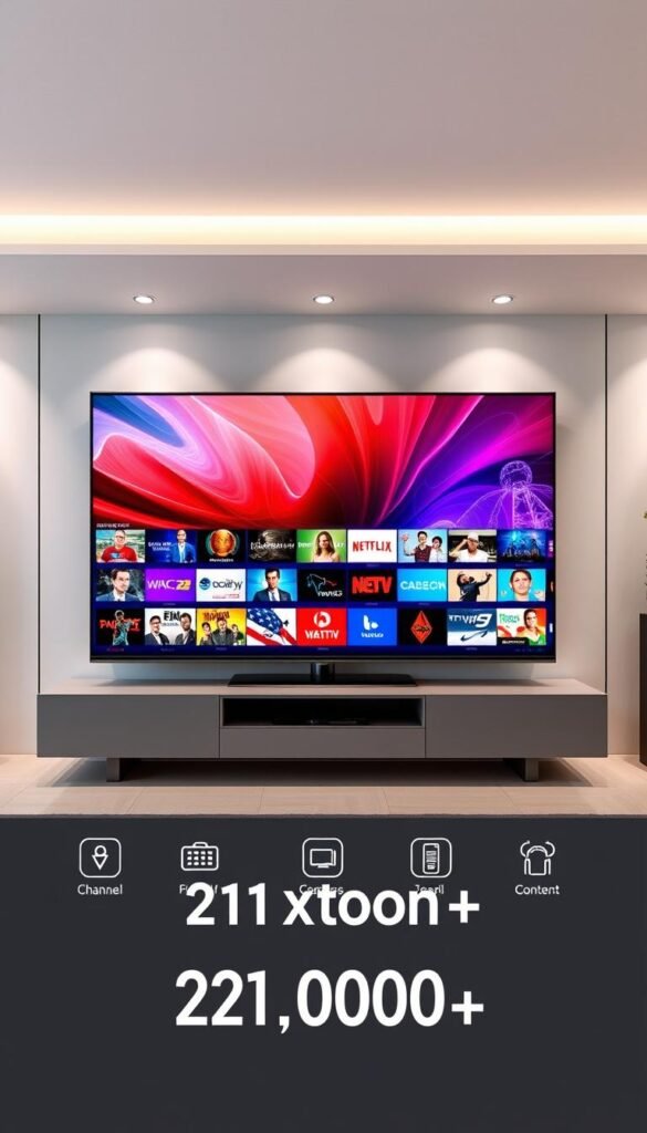 A sleek, modern entertainment center showcases a vibrant display of the Hoxtoon Provider IPTV channel packages. The foreground features a high-resolution screen presenting a visually stunning array of diverse content, from live news and sports to the latest movies and TV shows. The middle ground highlights stylized icons and elegant graphics, conveying the extensive 21,000+ channel selection. In the background, a minimalist, well-lit setup with clean lines and subtle textures creates a professional, premium atmosphere. The overall composition exudes a sense of technological sophistication and content abundance, reflecting the comprehensive nature of the Hoxtoon Provider IPTV service.