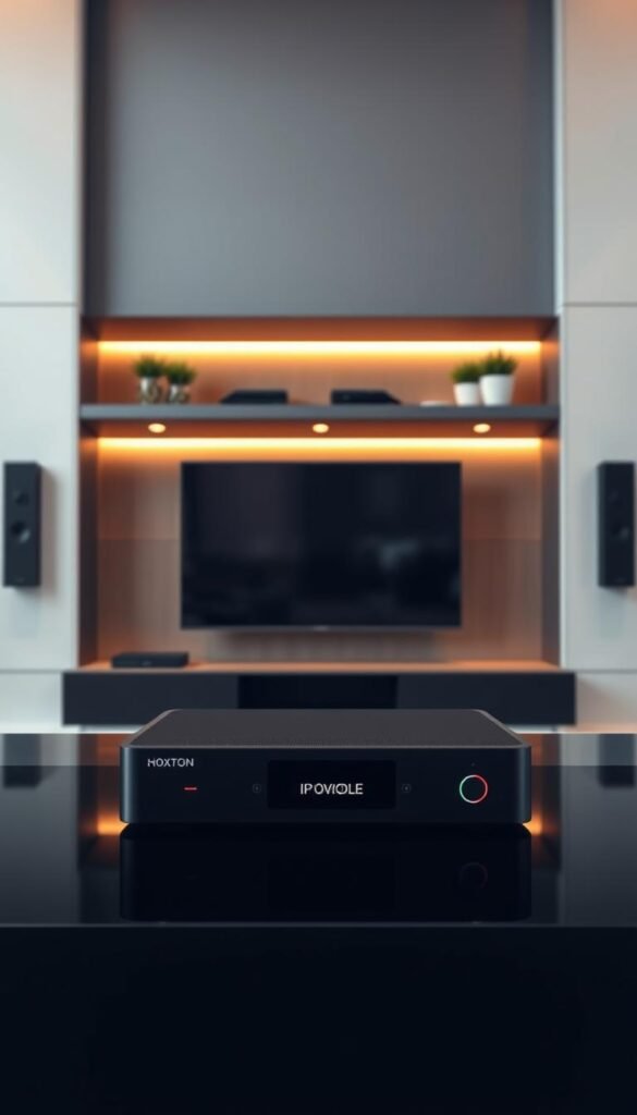 A sleek, modern entertainment center showcasing a prominent IPTV device, the Hoxtoon Provider, taking center stage. The device is displayed against a sophisticated backdrop of minimalist shelving, warm ambient lighting, and a subtle gradient wall. The overall scene conveys a sense of premium quality, advanced technology, and a seamless home entertainment experience. The camera angle is slightly elevated, highlighting the Hoxtoon Provider's elegant design and intuitive user interface. The composition emphasizes the device's role as the premier IPTV solution, seamlessly integrated into a stylish and functional living space.