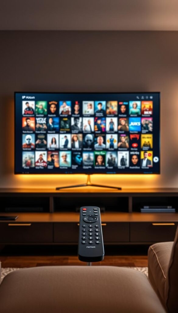 A sleek, modern entertainment center showcasing a vast IPTV library. In the foreground, a high-resolution display presents a curated selection of popular movies and TV shows from the Hoxtoon Provider's expansive VOD collection of over 150,000 titles. The middle ground features a stylized remote control, hinting at the seamless user experience. The background is a minimalist, dimly lit living room setting, creating a cozy, cinematic atmosphere. Warm lighting casts a soft glow, enhancing the premium quality of the Hoxtoon IPTV service. The overall composition conveys a sense of abundant entertainment options at one's fingertips.