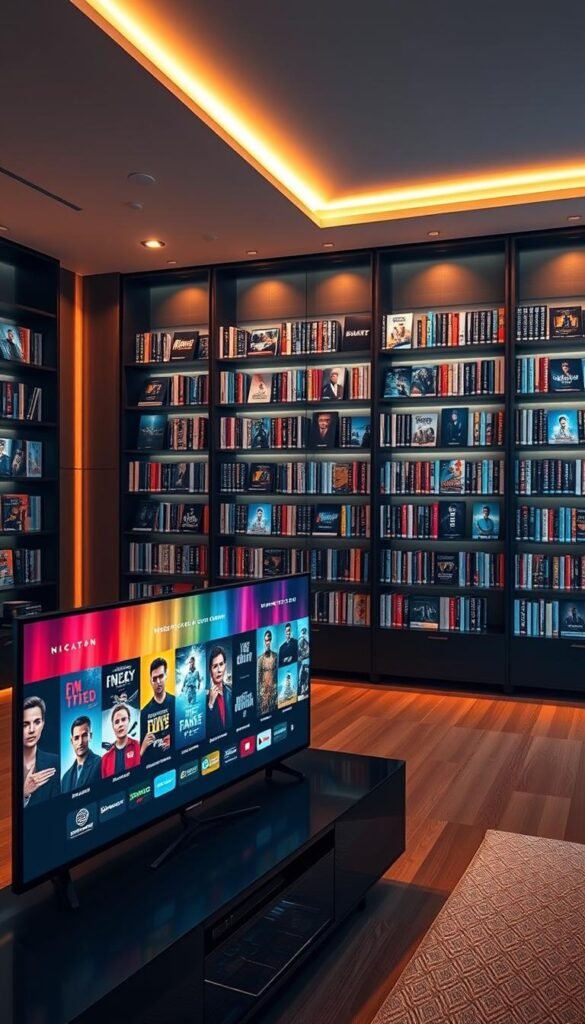 A sleek, modern entertainment center showcasing the Hoxtoon Provider IPTV VOD library. The foreground displays a stylish black media console with a large, high-definition display showing a vibrant selection of on-demand titles. In the middle ground, rows of sophisticated entertainment shelves hold an extensive collection of digital content, creating an immersive and visually striking backdrop. The scene is illuminated by warm, directional lighting that casts a cozy, inviting atmosphere, perfectly complementing the premium, high-quality aesthetics of the Hoxtoon Provider brand.