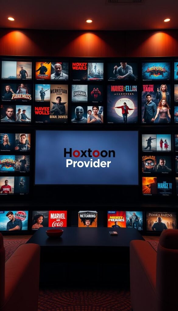 A sleek, modern entertainment hub showcasing a vast library of on-demand video titles. A minimalist user interface displays the "Hoxtoon Provider" brand prominently, surrounded by a grid of vibrant, high-resolution thumbnails depicting a diverse range of genres and content. The scene is bathed in a soft, warm lighting, creating a cozy and inviting atmosphere. The camera angle suggests a slightly elevated, bird's-eye view, allowing the viewer to take in the breadth and depth of the video-on-demand offerings. The overall composition conveys a sense of abundance, accessibility, and a premium entertainment experience.