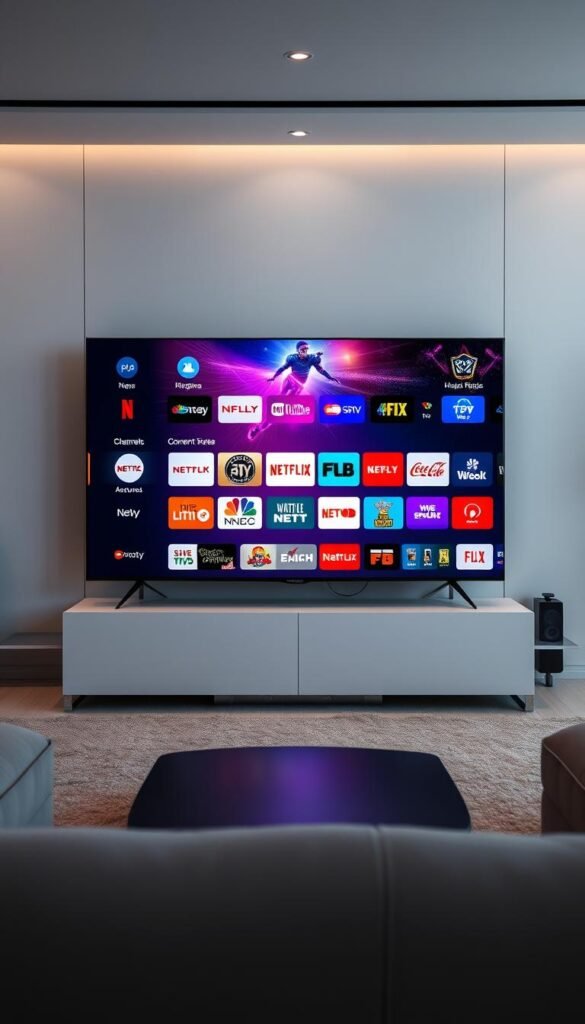 A sleek, modern entertainment hub showcasing the Hoxtoon Provider's expansive content library. In the foreground, a high-definition television display presents a vibrant array of streaming channels, their logos and visuals crisp and alluring. The middle ground features stylized icons and graphics representing the breadth of Hoxtoon's offerings, from live news and sports to on-demand movies and series. In the background, a sophisticated, minimalist room setting with clean lines and subtle lighting creates a sophisticated, immersive atmosphere. The overall scene conveys a sense of technological sophistication, entertainment, and the convenience of Hoxtoon's comprehensive streaming platform.