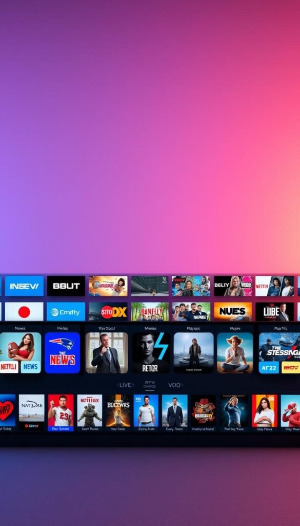 A sleek, modern entertainment hub showcasing the diverse content library of Hoxtoon Provider. In the foreground, rows of IPTV channel logos and icons representing a wide range of live TV options, spanning news, sports, movies, and more. In the middle ground, thumbnails of premium VOD titles, including the latest blockbusters, popular series, and exclusive content. The background features a minimalist, gradient-based design, creating a clean and visually striking composition. Subtle lighting accentuates the vibrant colors and crisp, high-definition visuals, conveying the unmatched quality and breadth of Hoxtoon's content offerings.