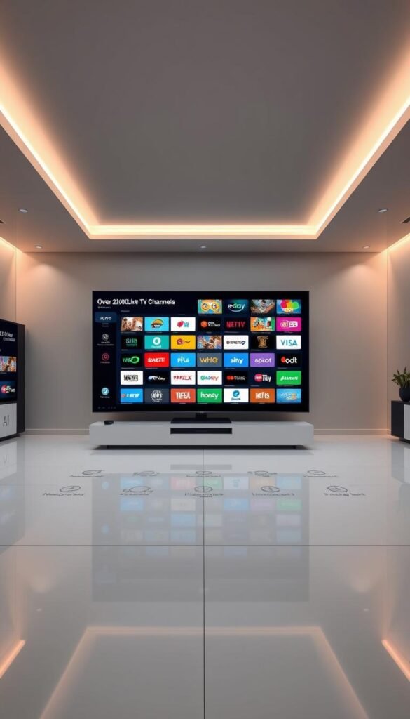 A sleek, modern entertainment hub showcasing the expansive Hoxtoon Provider content library. In the foreground, a high-resolution TV screen displays a diverse array of over 21,000 live TV channels, ranging from news and sports to movies and documentaries. The middle ground features stylized icons and logos, conveying the breadth of Hoxtoon's offerings. The background is a minimalist, well-lit interior with clean lines and a subtle techno-futuristic ambiance, emphasizing the cutting-edge nature of the Hoxtoon service. The overall scene exudes a sense of entertainment, discovery, and the convenience of a lifetime IPTV subscription from Hoxtoon Provider.
