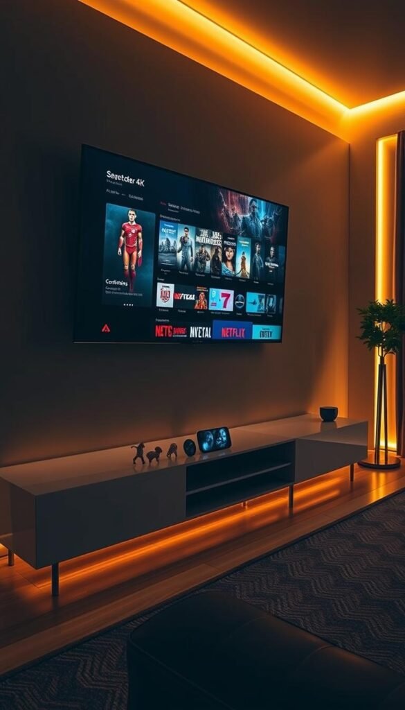 A sleek, modern entertainment hub showcasing the extensive VOD library of the Hoxtoon IPTV Provider. A dimly lit room with a stylish media console displaying a visually stunning 4K interface, highlighting the breadth of on-demand content available. Warm lighting accentuates the clean lines and premium materials, conveying a sense of high-end sophistication. The interface presents a seamless browsing experience, with genre categories and trending titles displayed prominently. The overall scene evokes a cozy, cinematic atmosphere, inviting the viewer to immerse themselves in the boundless entertainment options of the Hoxtoon VOD library.
