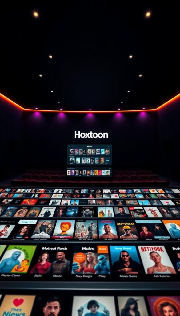 A sleek, modern entertainment hub showcasing the vast Hoxtoon VOD library. In the foreground, rows of stylized movie and TV show thumbnails stretch across a minimalist, high-contrast interface. The middle ground features a central display panel highlighting the Hoxtoon brand and curated content selections. In the background, a dimly lit theater-like setting with plush seating and ambient lighting, conveying a premium cinematic atmosphere. The overall scene exudes a sense of immersion, quality, and the sheer breadth of Hoxtoon's extensive on-demand video offerings.