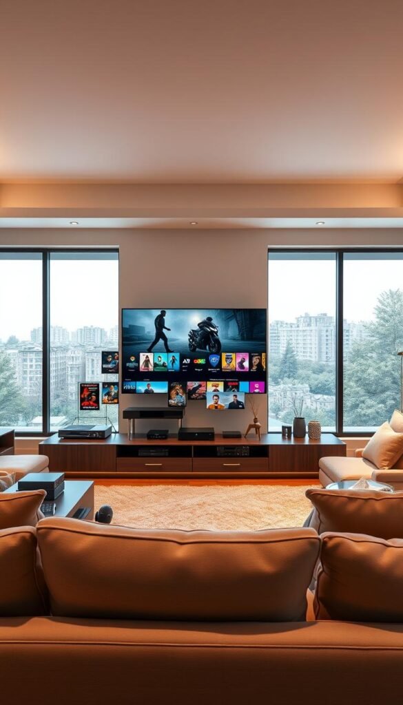A sleek, modern entertainment hub showcasing the vast VOD library of the Hoxtoon Provider. In the foreground, a large, high-definition flat-screen TV displays a curated selection of movie and TV show covers, enticing viewers with the depth and breadth of the content available. Surrounding the TV, a stylish entertainment center with clean lines and minimalist design, housing various streaming devices and media players. In the middle ground, plush, comfortable seating invites users to settle in and explore the endless entertainment options. The background features a softly lit, contemporary living space, with large windows allowing natural light to flood the room, creating a warm and inviting atmosphere. The overall scene conveys a sense of modern luxury and the seamless integration of technology into the home environment. Prompt