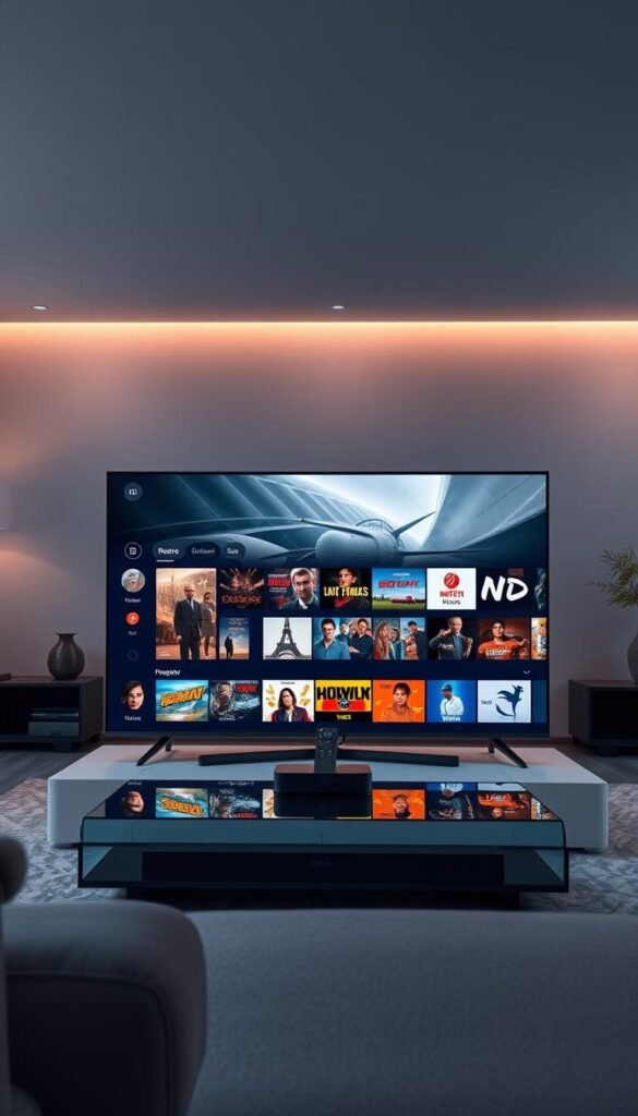 A sleek, modern entertainment hub showcasing the vast on-demand library of the Hoxtoon Provider IPTV service. In the foreground, a state-of-the-art smart TV displays a curated selection of the 150,000+ VODs available, bathed in a warm, cinematic lighting. In the middle ground, a stylish remote control and streaming device hint at the seamless, user-friendly experience. The background features a sophisticated, minimalist living room setup, with clean lines and muted tones creating a sense of refined elegance. The overall atmosphere evokes a premium, immersive home entertainment experience powered by the comprehensive Hoxtoon IPTV ecosystem.