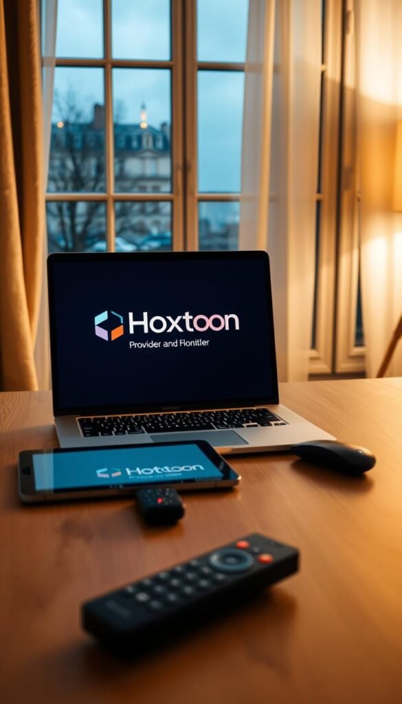 A sleek, modern home office setup with a laptop, tablet, and remote control on a minimalist wooden desk. The room is bathed in warm, soft lighting, creating a cozy, focused atmosphere. In the background, a large window overlooks a scenic French cityscape, adding a touch of Parisian charm. On the laptop screen, the Hoxtoon Provider logo is prominently displayed, indicating the troubleshooting of a French IPTV service.