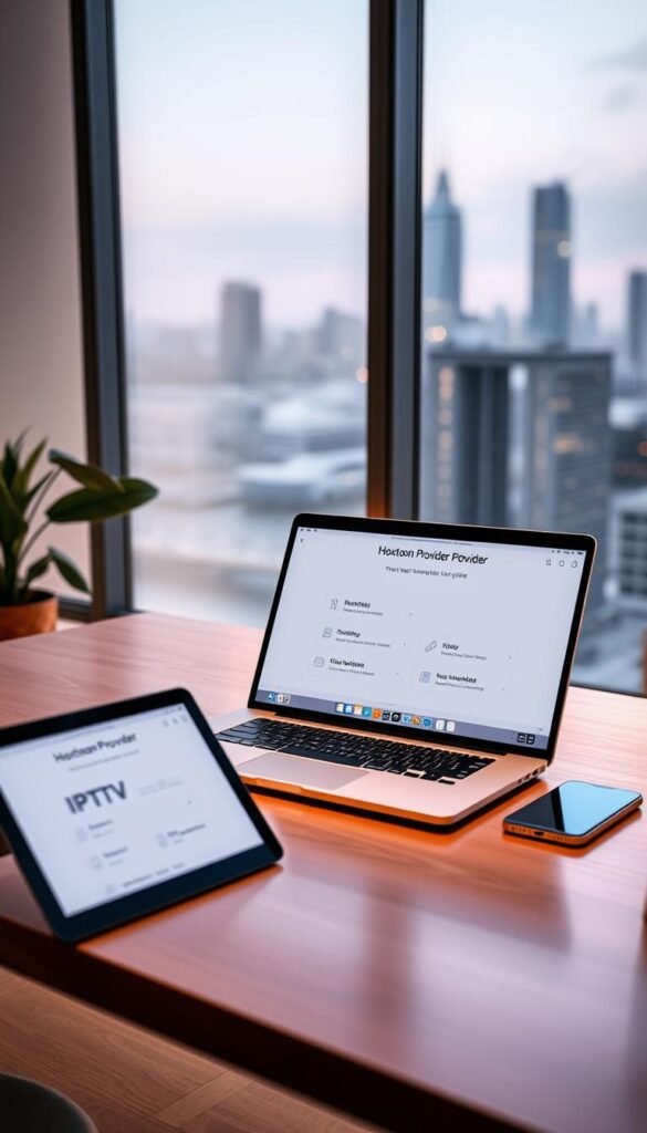 A sleek, modern home office setup with a laptop, tablet, and smartphone on a minimalist wooden desk. The laptop screen displays the Hoxtoon Provider IPTV service setup guide, with clean, intuitive menus and instructions. Soft, directional lighting casts a warm glow, creating a focused, productive atmosphere. The background features a blurred cityscape through a large window, hinting at the global connectivity of the IPTV service. The overall scene conveys a sense of technological savvy and effortless home entertainment setup.