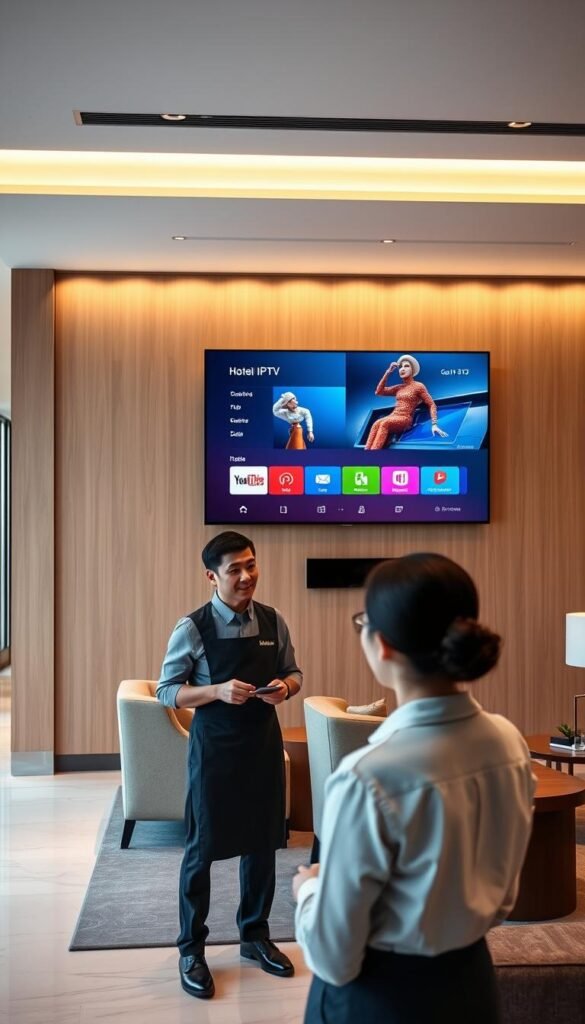 A sleek, modern hotel lobby with a large, flat-screen display showcasing the Hoxtoon Provider IPTV interface. The display is situated on a minimalist, wood-paneled wall, bathed in warm, indirect lighting. In the foreground, a hotel staff member is demonstrating the IPTV system to a guest, their expressions conveying professionalism and attentiveness. The middle ground features comfortable seating areas and subtle decor, creating a welcoming atmosphere. The background subtly hints at the hotel's overall design, with clean lines and a touch of luxury. The scene conveys the seamless integration of Hoxtoon Provider IPTV into the hotel's guest experience.