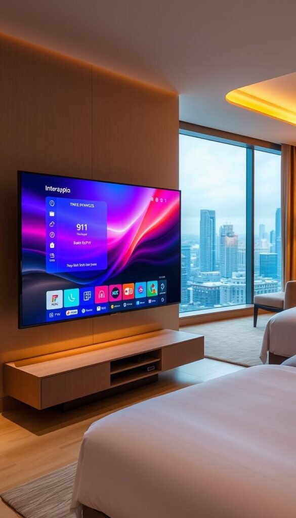 A sleek, modern hotel room showcasing the latest IPTV technology from Hoxtoon Provider. In the foreground, a large flat-screen TV displays a vibrant, high-definition interface, providing a wide range of entertainment options for guests. The middle ground features a stylish, minimalist media console with various connectivity ports, allowing for seamless integration of personal devices. The background depicts a spacious, well-lit hotel room with large windows, offering a panoramic view of a bustling cityscape. The lighting is warm and inviting, creating a cozy atmosphere that complements the advanced IPTV capabilities. The overall scene conveys the seamless integration of technology and hospitality, showcasing Hoxtoon Provider's innovative IPTV solution for the modern hotel experience.
