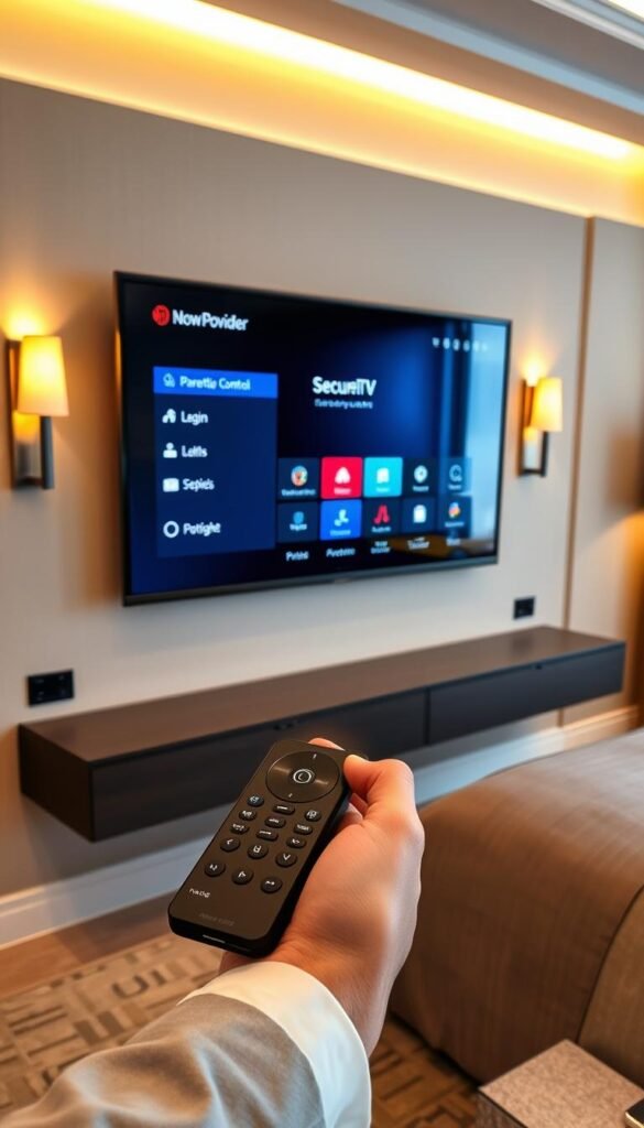 A sleek, modern hotel room with a large flat-screen TV displaying the Hoxtoon Provider IPTV interface. The TV is mounted on the wall, flanked by elegant wall sconces providing warm, ambient lighting. In the foreground, a hotel guest's hand holds a stylish remote control, navigating the IPTV menu, which features secure login and parental control options. The middle ground shows a sophisticated cable management system, ensuring a clean and organized setup. In the background, the room's decor is minimalist and luxurious, with neutral tones and high-end furnishings, conveying a sense of security and exclusivity for the hotel's IPTV service.