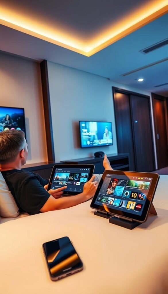 A sleek, modern hotel room with a large flatscreen TV mounted on the wall. In the foreground, a hotel guest comfortably lounging on the bed, using a tablet to access a Hoxtoon Provider IPTV service, seamlessly streaming content. The room is bathed in warm, ambient lighting, creating a cozy, inviting atmosphere. On the nightstand, a smartphone is also connected to the IPTV system, showcasing the multi-device support. The overall scene conveys the convenience and flexibility of IPTV technology, empowering hotel guests to enjoy their preferred entertainment on any screen.
