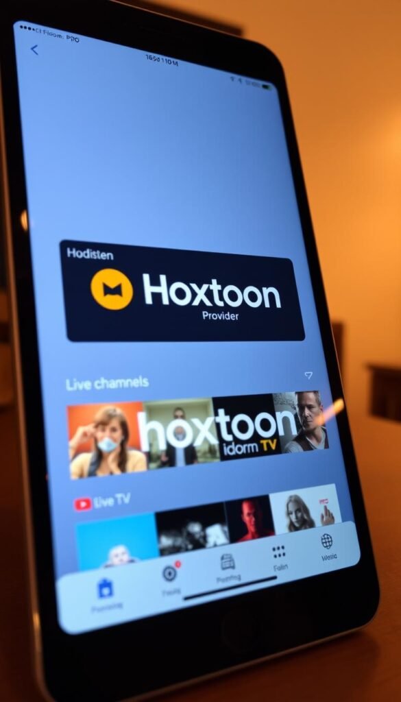 A sleek, modern iOS device display showcasing the "Hoxtoon Provider" IPTV app interface. The screen is bathed in a soft, warm lighting, highlighting the app's clean and intuitive design. In the foreground, the Hoxtoon logo stands out prominently, conveying a sense of professionalism and reliability. The middle ground features a selection of on-demand content and live TV channels, presented in a visually appealing grid layout. The background subtly suggests a cozy, home entertainment setting, with muted tones and minimal distractions to draw the viewer's focus to the app. The overall impression is one of a high-quality, user-friendly IPTV solution that can seamlessly integrate into an iOS user's daily media consumption.