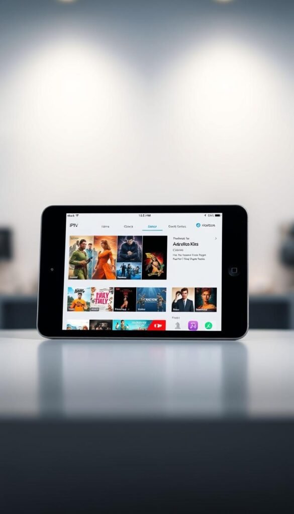 A sleek, modern iOS device displaying the Hoxtoon Provider IPTV interface. The device is set against a blurred, minimalist background with soft lighting, creating a sense of focus and elegance. The IPTV app's user interface showcases a clean, intuitive design with vibrant colors and crisp, high-resolution graphics. The screen displays a variety of IPTV content options, hinting at the vast library of entertainment available to the user. The overall scene conveys the seamless integration of IPTV technology with the iOS ecosystem, showcasing the future potential of this powerful combination.