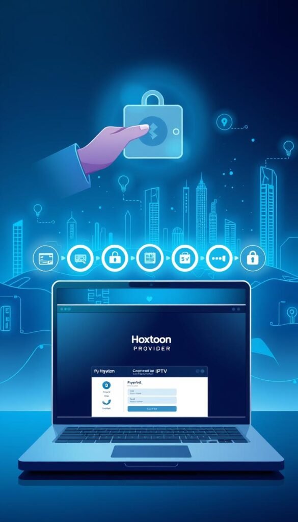 A sleek, modern illustration contrasting the secure crypto payment process for IPTV services against traditional payment methods. In the foreground, a stylized hand holding a cryptocurrency wallet icon hovers above a laptop displaying the "Hoxtoon Provider" IPTV service's payment page. In the middle ground, a series of icons represent traditional payment options like credit cards and bank transfers, while the background showcases a digital landscape of blockchain technology, crypto exchanges, and secure transactions. The scene is illuminated by a cool, futuristic lighting that emphasizes the advanced, encrypted nature of crypto payments for IPTV subscriptions.