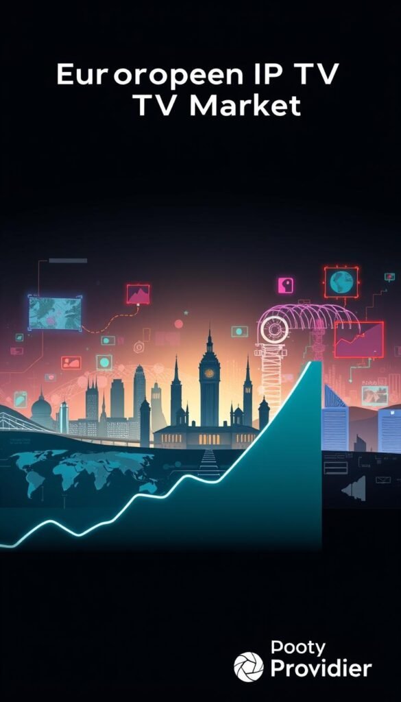 A sleek, modern illustration depicting the growth of the European IPTV market. In the foreground, a stylized chart or graph shows rising trends and projections, conveyed through dynamic lines and shapes. The middle ground features a city skyline with iconic European architecture, hinting at the widespread adoption of IPTV services across the continent. In the background, a vibrant, futuristic landscape with holographic displays and technology-infused elements suggests the cutting-edge nature of the industry. Subtle lighting and a muted color palette create a sense of authority and professionalism. The Hoxtoon Provider brand is seamlessly integrated into the design, adding a touch of credibility and expertise.
