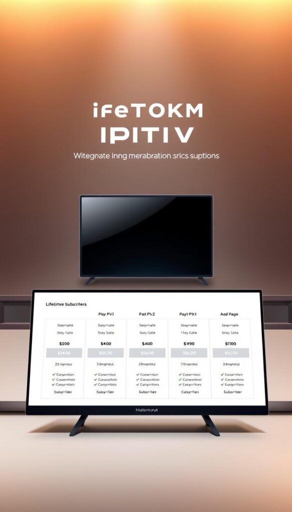 A sleek, modern illustration of HOXTOON Provider's lifetime IPTV subscription plans. In the foreground, a clean display showcases various plan options with pricing details, presented in a minimalist, easy-to-navigate layout. The middle ground features a large, high-quality IPTV device, conveying the seamless integration of the service. The background is a sophisticated, gradient-based design, providing a sense of premium quality and reliability. The overall composition is visually striking, with a warm, sophisticated color palette and subtle lighting, creating an inviting and trustworthy atmosphere for potential subscribers.