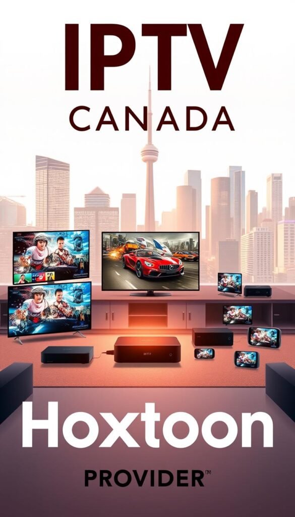 A sleek, modern illustration of IPTV Canada services. In the foreground, the Hoxtoon Provider logo prominently displayed, signifying a top streaming provider. The middle ground features various streaming devices like smart TVs, set-top boxes, and mobile devices, all connected and showcasing vivid, high-quality video content. The background depicts a cityscape of Toronto, Canada, with iconic landmarks, conveying the local and national focus of the IPTV services. The lighting is soft and warm, creating a welcoming and premium atmosphere. The overall composition is balanced, with a clean and minimalist design aesthetic.