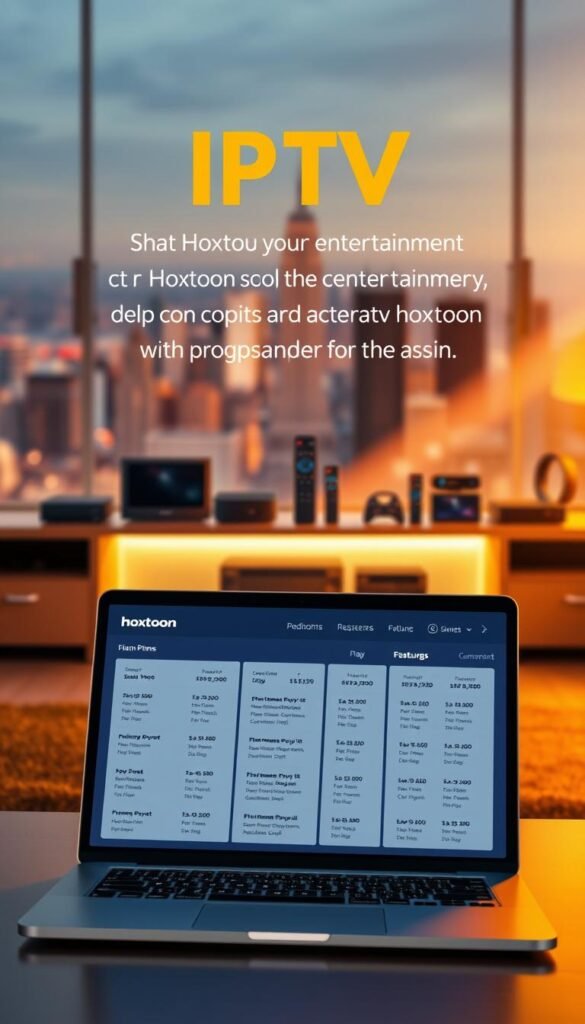 A sleek, modern illustration of IPTV plans from the Hoxtoon Provider. In the foreground, a stylized laptop or tablet displays various IPTV subscription options, each with clear pricing and feature details. The middle ground showcases a variety of streaming devices, remotes, and smart home accessories, conveying the breadth of Hoxtoon's entertainment ecosystem. The background features a blurred cityscape, evoking a sense of urban connectivity and the convenience of boundless entertainment at one's fingertips. The scene is illuminated by warm, directional lighting, creating depth and a premium, sophisticated atmosphere.