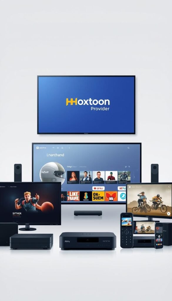 A sleek, modern illustration of IPTV services, featuring a large screen displaying the Hoxtoon Provider brand prominently in the center. In the foreground, various streaming devices such as smart TVs, set-top boxes, and mobile devices are arranged, showcasing the versatility of IPTV technology. The middle ground depicts a sophisticated interface with a grid of on-demand content and live channels, conveying the breadth of IPTV offerings. The background is a minimalist, gradient-based design, lending a sense of premium quality and elegance to the scene. The overall tone is one of professionalism, innovation, and the seamless integration of IPTV into contemporary digital lifestyles.