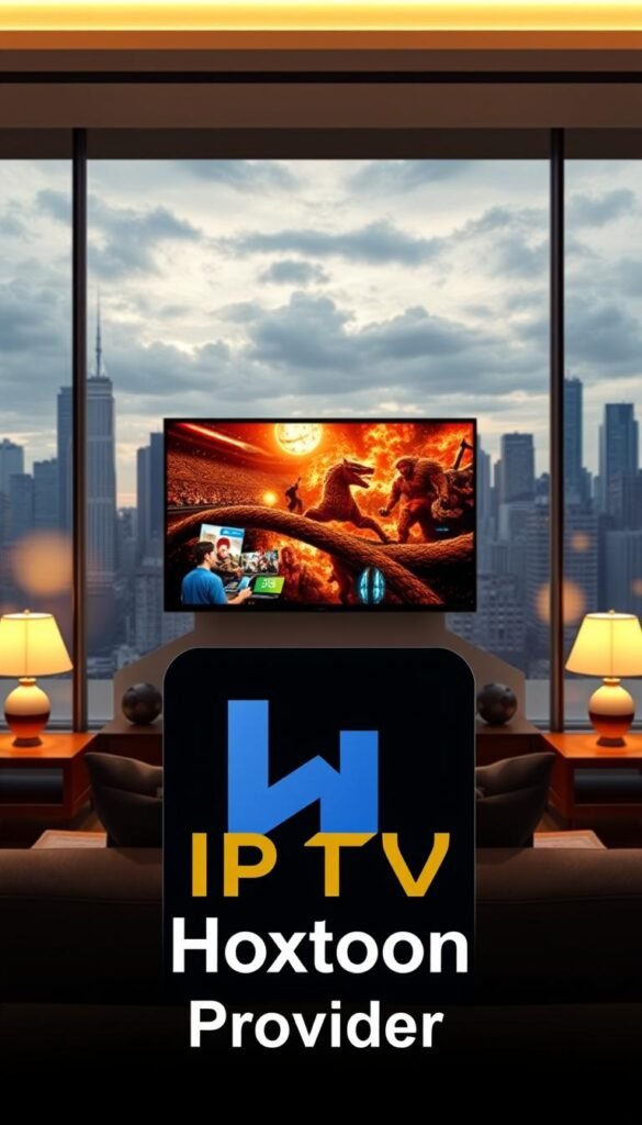 A sleek, modern illustration of IPTV streaming technology. In the foreground, a Hoxtoon Provider logo prominently displayed, conveying the reliable service. The middle ground features a cinematic scene of a living room, with a large flat-screen TV displaying vibrant, high-definition content. Subtle ambient lighting from lamps and windows creates a warm, inviting atmosphere. In the background, a cityscape with skyscrapers and a cloudy sky, hinting at the global reach and ubiquity of IPTV. The overall composition suggests the seamless integration of IPTV into everyday life, delivering a premium entertainment experience.
