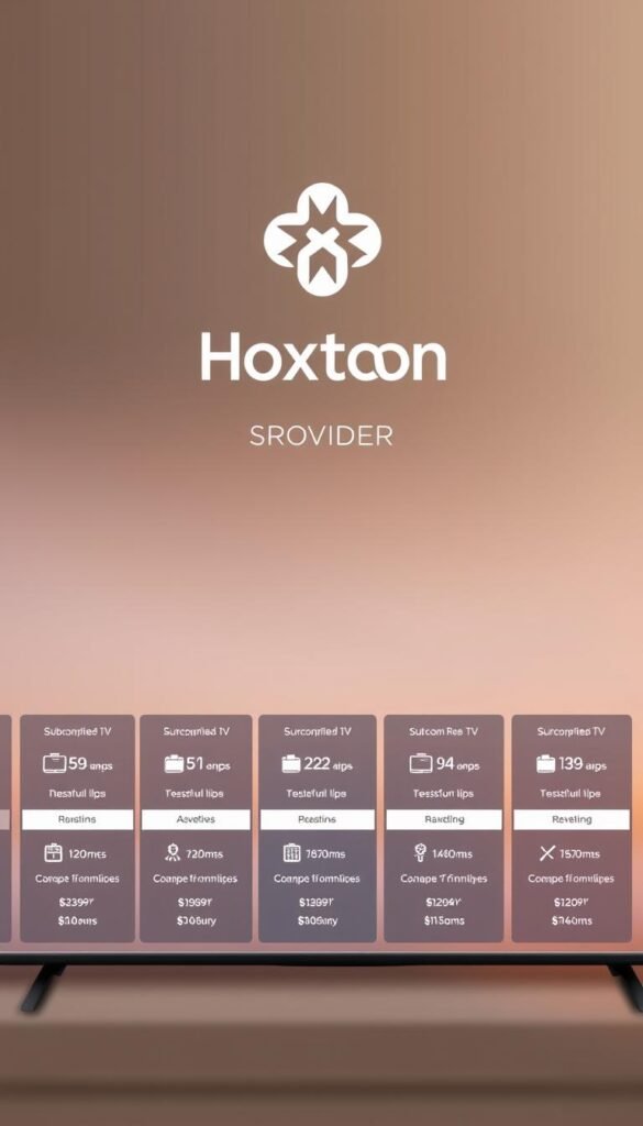 A sleek, modern illustration of IPTV subscription plans offered by the Hoxtoon Provider. In the foreground, a grid of plan details showcases the varying options, each with a distinct icon and pricing information displayed in a clean, minimalist style. The middle ground features a large, minimalistic Hoxtoon Provider logo, adding a sense of branding and authority. The background is a softly blurred gradient, creating a sense of depth and focus on the subscription plan details. The overall composition is well-balanced, with a professional, elegant aesthetic that would complement the article's subject and section title.