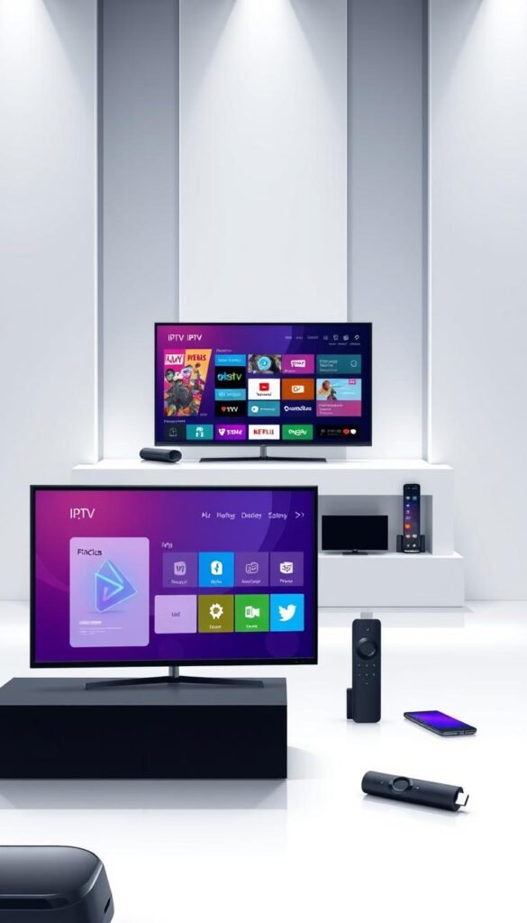 A sleek, modern illustration of IPTV technology, showcasing a Hoxtoon Provider interface. In the foreground, a stylized TV screen displays a vibrant, interactive IPTV menu, with sharp icons and intuitive controls. The middle ground features a range of connected devices, such as a Firestick and a smartphone, seamlessly integrated into the IPTV ecosystem. The background depicts a minimalist, high-tech environment, with clean lines, subtle lighting, and a sense of technological sophistication. The overall composition conveys the power, flexibility, and rising popularity of IPTV as a cutting-edge entertainment and content delivery system.