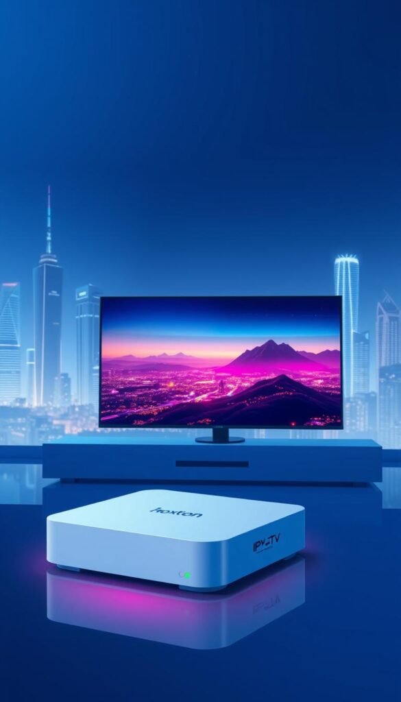 A sleek, modern illustration of IPTV technology, showcasing a Hoxtoon Provider streaming platform. In the foreground, a stylized IPTV box with clean lines and a minimalist design, emitting a soft, ambient glow. In the middle ground, a high-definition TV screen displays a vibrant, cinematic landscape, hinting at the rich content available through the IPTV service. The background features a futuristic cityscape, with towering skyscrapers and a vibrant, neon-lit skyline, conveying the advanced, cutting-edge nature of the IPTV technology. The overall scene is bathed in a cool, blue-tinted lighting, creating a sleek, sophisticated atmosphere.