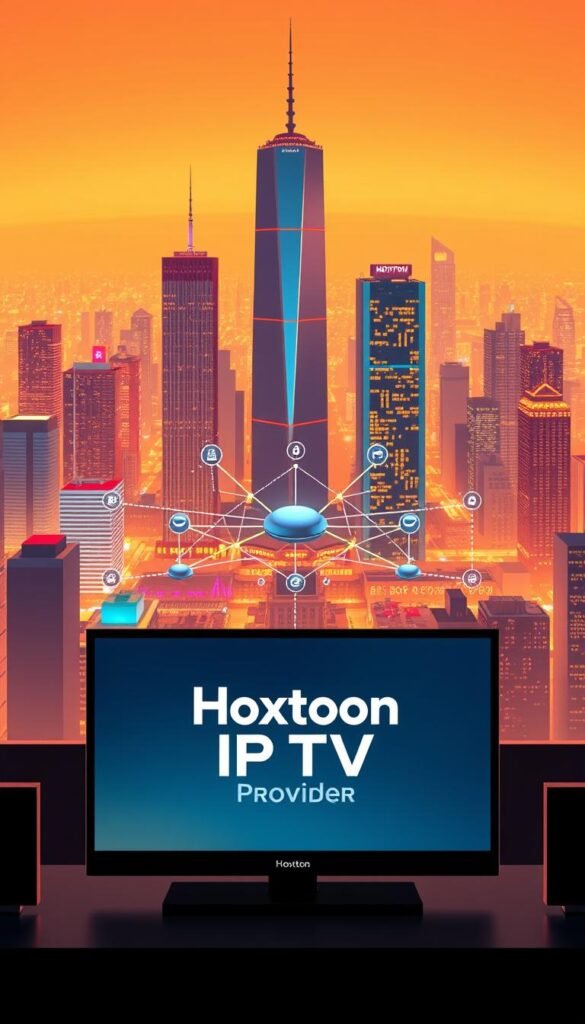 A sleek, modern illustration of IPTV technology, showcasing its growing popularity. In the foreground, a stylized device screen displays the "Hoxtoon Provider" brand, highlighting the seamless integration of IPTV services. The middle ground features a sophisticated network diagram, illustrating the interconnected infrastructure that powers IPTV delivery. In the background, a cityscape with towering skyscrapers and a vibrant, futuristic atmosphere conveys the widespread adoption and impact of this technology. The scene is illuminated by a warm, diffused lighting, creating a visually striking and informative depiction of IPTV's technological advancements.