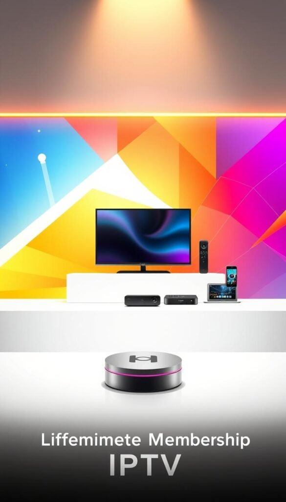 A sleek, modern illustration of a "Lifetime Membership IPTV" service from the "Hoxtoon Provider". The foreground features a minimalist, metallic logo against a clean, white backdrop, conveying a sense of premium quality and exclusivity. The middle ground showcases a collection of streaming devices, including a smart TV, set-top box, and mobile device, symbolizing the wide range of platforms supported by the service. In the background, a vibrant, abstract pattern of geometric shapes and gradients creates a dynamic, futuristic atmosphere, emphasizing the cutting-edge technology powering the IPTV offering. Warm, directional lighting from the top-left casts subtle shadows, adding depth and dimension to the composition. The overall impression is one of a sleek, sophisticated, and technologically advanced IPTV service built to deliver a lifetime of premium entertainment.