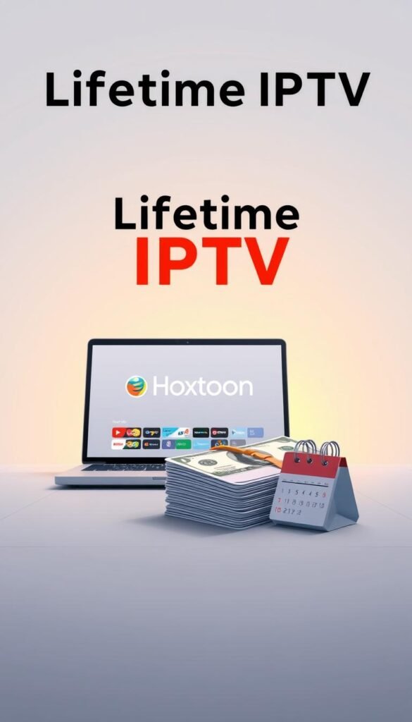 A sleek, modern illustration of a lifetime IPTV deal offered by the Hoxtoon Provider. The scene features a laptop or tablet device prominently displayed, showcasing the Hoxtoon logo and interface. In the foreground, a stack of dollar bills and a calendar symbolize the lifetime subscription and lack of monthly fees. The background is clean and minimalist, with subtle grid or polygon patterns suggesting the digital nature of the service. The lighting is soft and diffused, creating a sense of professionalism and trustworthiness. The overall mood is one of simplicity, value, and reliability, reflecting the key benefits of a lifetime IPTV deal from Hoxtoon Provider.