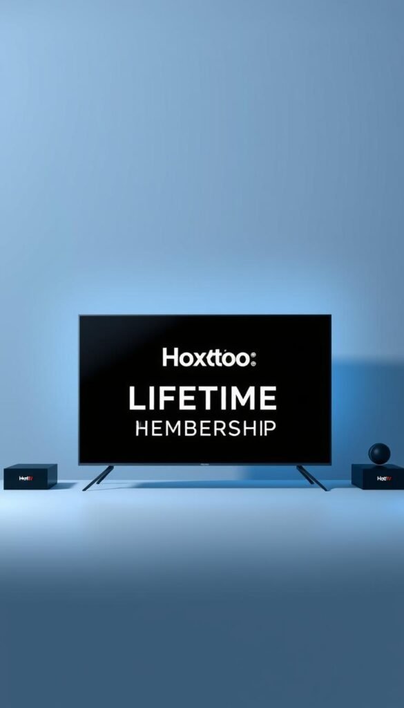 A sleek, modern illustration of a lifetime IPTV membership from the Hoxtoon Provider. In the foreground, a minimalist digital display showcases the Hoxtoon logo and text highlighting "LIFETIME IPTV MEMBERSHIP". The middle ground features a clean, high-tech interface with various channel icons, creating a sense of the comprehensive content available. In the background, a subtle gradient of blues and grays evokes a sophisticated, premium atmosphere. The lighting is soft and directional, casting a subtle glow on the components. The overall composition conveys a sense of exclusivity, reliability, and the value of a lifetime IPTV service from Hoxtoon.