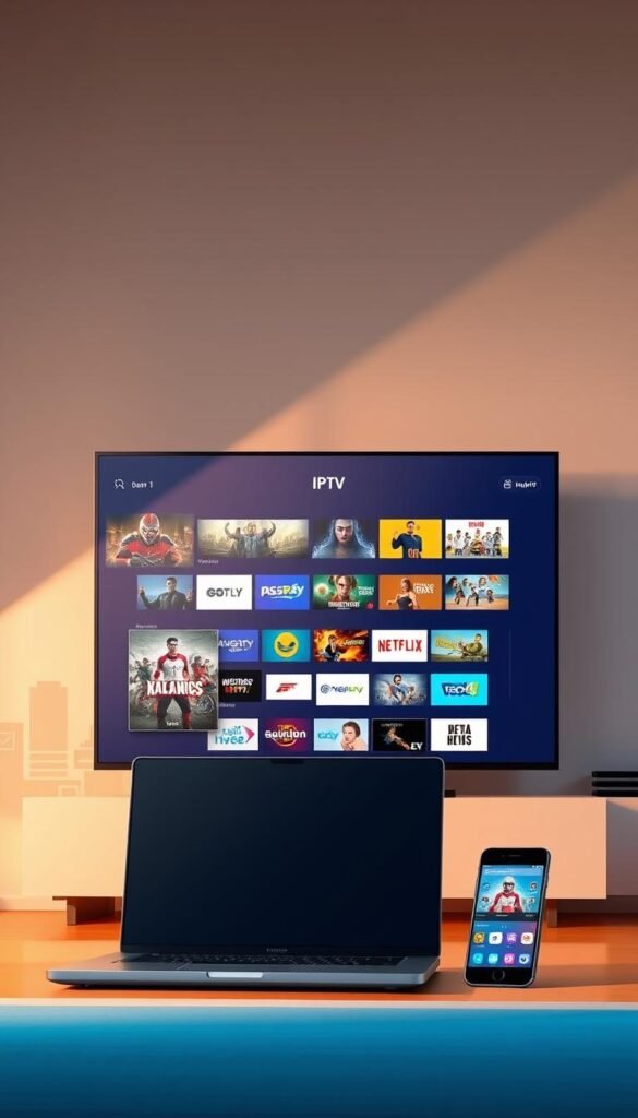 A sleek, modern illustration of a lifetime IPTV service offered by the Hoxtoon Provider. In the foreground, a sophisticated smart TV displays a crisp, high-definition interface showcasing a wide range of live channels and on-demand content. The middle ground features a stylized laptop and smartphone, representing the versatility of the service across devices. The background subtly depicts a cityscape, symbolizing the global accessibility of the Hoxtoon IPTV lifetime subscription. The scene is illuminated by warm, natural lighting, conveying a sense of reliability and trustworthiness. The overall composition communicates the seamless, future-forward experience of a lifetime IPTV service.