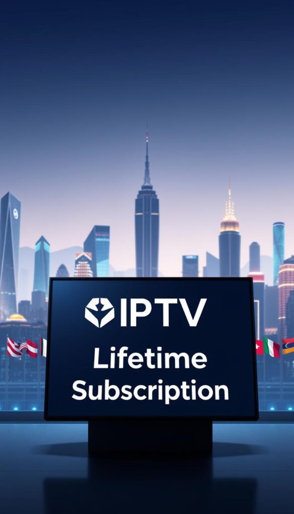 A sleek, modern illustration of a lifetime IPTV subscription from the Hoxtoon Provider. In the foreground, a minimalist digital display showcases a striking IPTV logo and the phrase "Lifetime Subscription" in a clean, bold font. The middle ground features a variety of international flags, representing the global accessibility of the IPTV service. In the background, a cityscape with towering skyscrapers and a vibrant, neon-lit skyline creates a futuristic, high-tech atmosphere. The scene is illuminated by a soft, directional light, casting subtle shadows and highlights to accentuate the sophisticated, premium feel of the Hoxtoon Provider lifetime IPTV subscription.