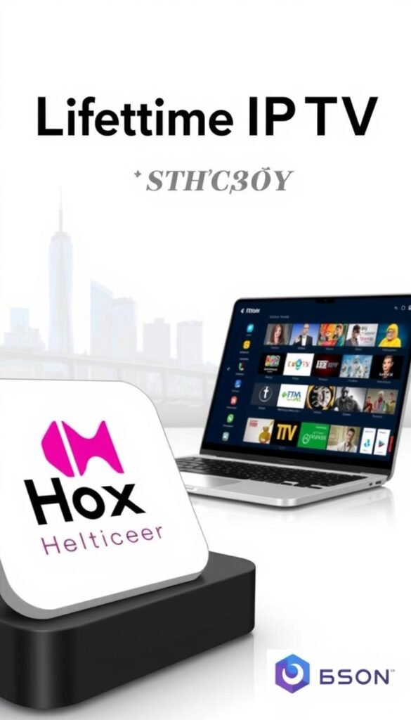 A sleek, modern illustration of a lifetime IPTV subscription service. In the foreground, a stylized, high-resolution icon of the "Hoxtoon Provider" brand prominently displayed, conveying trust and reliability. The middle ground features a laptop or tablet device, showcasing the intuitive IPTV interface with a grid of live TV channels and on-demand content. The background is a minimalist, slightly blurred cityscape, suggesting the global reach and accessibility of the IPTV service. The overall tone is professional, sophisticated, and appealing to tech-savvy users seeking a seamless, lifetime IPTV experience.