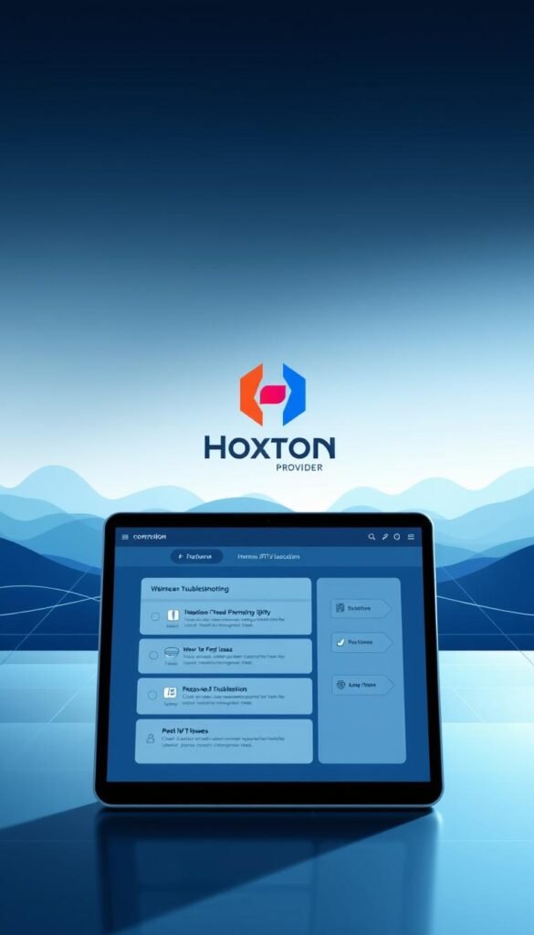 A sleek, modern illustration of an IPTV troubleshooting guide, rendered with a clean, minimalist aesthetic. In the foreground, a stylized laptop or tablet displays a comprehensive troubleshooting interface, with clear icons and intuitive menus for resolving common IPTV issues. The middle ground features a Hoxtoon Provider logo, prominently displayed to convey the brand's expertise in IPTV services. The background showcases a serene, technology-inspired landscape, with subtle gradients and geometric patterns that evoke a sense of digital harmony. The lighting is soft and diffused, creating a calming, professional atmosphere. The overall composition is balanced and visually appealing, effectively illustrating the "Troubleshooting Common IPTV Issues" section of the article.