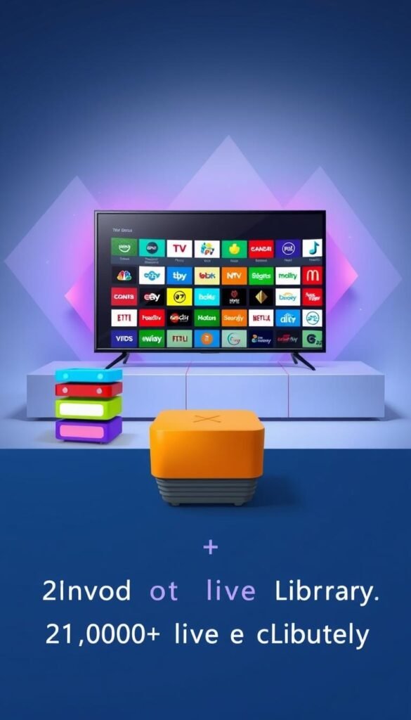 A sleek, modern illustration of the Hoxtoon Provider IPTV bundle offers. In the foreground, a stylized stack of colorful TV icons representing the extensive 21,000+ live channel library. The middle ground showcases a large, high-definition television screen displaying a variety of channel logos, conveying the breadth of content. In the background, a clean, minimalist design with subtle gradients and shapes, creating a sense of sophistication. The lighting is soft and directional, highlighting the key elements. The overall mood is one of quality, value, and the abundance of entertainment options available through the Hoxtoon Provider IPTV service.