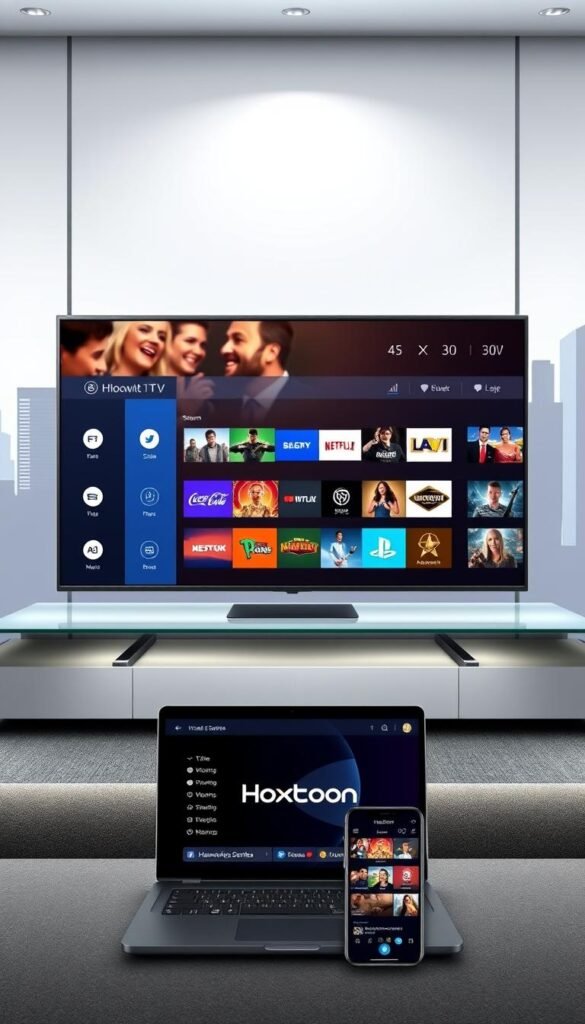 A sleek, modern illustration of the Hoxtoon Provider IPTV service. In the foreground, a sophisticated smart TV displays a selection of high-quality streaming channels and on-demand content. The TV is positioned on a minimalist, glass-topped entertainment unit, surrounded by subtle lighting accents. In the middle ground, a laptop and mobile device showcase the intuitive Hoxtoon app interface, highlighting the convenience of accessing the service across devices. The background features a stylized cityscape, hinting at the global reach and reliability of the Hoxtoon network. The overall scene conveys a sense of premium quality, technological innovation, and seamless entertainment experience.