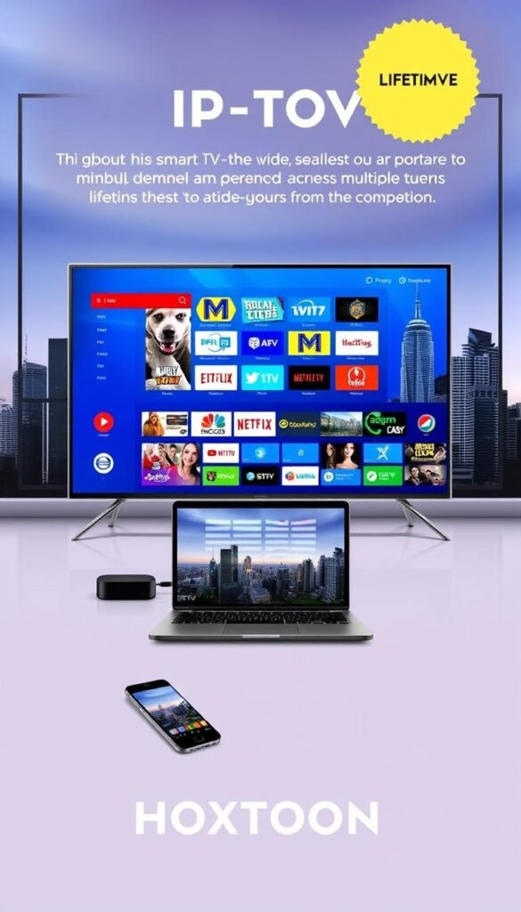A sleek, modern illustration of the "Hoxtoon Provider" IPTV service. The foreground showcases a high-quality smart TV displaying a vibrant, seamless interface with a wide selection of live TV channels and on-demand content. In the middle ground, a laptop and smartphone subtly highlight the versatility of the Hoxtoon platform, allowing users to access their IPTV subscription across multiple devices. The background features a sophisticated cityscape, conveying the global reach and reliability of the Hoxtoon service. The overall scene exudes a sense of sophistication, technology, and the convenience of a lifetime IPTV package that sets Hoxtoon apart from the competition.