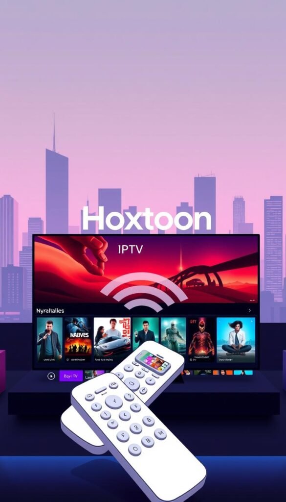 A sleek, modern illustration of the "Hoxtoon Provider" IPTV service. The scene depicts the Hoxtoon logo prominently displayed on a minimalist, high-tech interface. In the foreground, a stylized remote control hovers, hinting at the seamless user experience. The middle ground showcases a diverse array of entertainment content - movies, live TV, and more - arranged in a clean, grid-like layout. In the background, a city skyline with skyscrapers and a vibrant, neon-tinged color palette creates an urban, futuristic atmosphere, emphasizing Hoxtoon's position as a cutting-edge IPTV provider. The overall aesthetic is sleek, sophisticated, and conveys the reliable, high-quality service that Hoxtoon is known for.