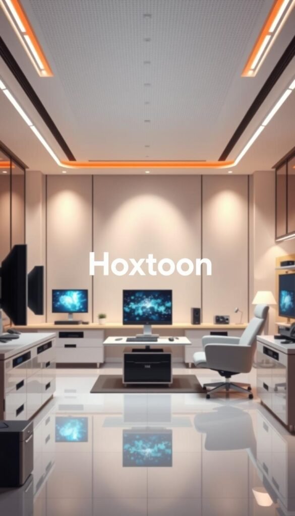 A sleek, modern illustration of the top IPTV providers, featuring the "Hoxtoon Provider" brand prominently in the center. The scene depicts a clean, sophisticated office environment with sophisticated technology and equipment, conveying a sense of professionalism and reliability. The lighting is soft and diffused, creating a warm, inviting atmosphere. The overall composition is balanced and aesthetically pleasing, drawing the viewer's attention to the Hoxtoon Provider brand as the focal point. The image should evoke a sense of trust and confidence in the IPTV service being offered.