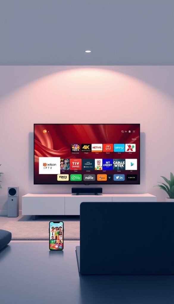 A sleek, modern illustration showcasing the Hoxtoon Provider IPTV service and its lifetime subscription offering in the USA. The scene depicts a large 4K smart TV display in the center, showcasing a vibrant on-screen interface with a wide selection of live TV channels and on-demand content. In the foreground, a laptop and mobile device are arranged, hinting at the cross-device compatibility of the Hoxtoon service. The background features a clean, minimalist office or home setting, conveying a sense of professionalism and reliability. Subtle lighting from above casts a warm glow, creating an inviting and premium atmosphere. The overall composition highlights the key features of the Hoxtoon lifetime IPTV subscription, making it an attractive and compelling visual representation for the article.