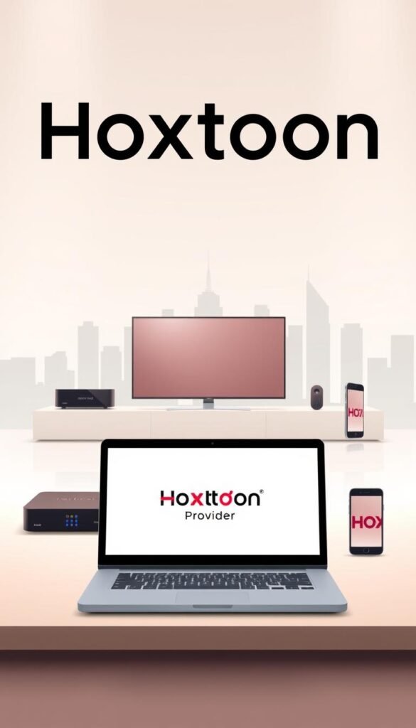 A sleek, modern illustration showcasing the Hoxtoon Provider IPTV service. In the foreground, a stylized laptop or tablet display presents the Hoxtoon logo and interface, showcasing its user-friendly design and intuitive layout. In the middle ground, a variety of streaming devices, such as a smart TV, set-top box, and mobile phone, highlight the compatibility and cross-platform accessibility of the Hoxtoon IPTV service. The background features a minimalist cityscape, conveying a sense of urban sophistication and technological advancement. Soft, diffused lighting creates a warm, inviting atmosphere, while strategic camera angles and composition draw the viewer's attention to the Hoxtoon brand and its key features. The overall impression is one of a sleek, high-quality IPTV solution that caters to the modern, tech-savvy consumer.