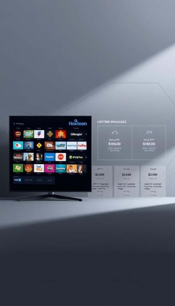 A sleek, modern illustration showcasing the IPTV lifetime channel packages offered by the Hoxtoon Provider. In the foreground, a sophisticated digital interface displays a grid of channel icons, each one vibrant and distinct. The middle ground features a clean, minimalist layout with pricing details and package descriptions, presented in a clear and organized manner. The background subtly evokes a sense of technology and connectivity, with abstract geometric patterns and a muted color palette that complements the overall design. Lighting is soft and directional, creating depth and emphasizing the key elements. The overall mood is professional, informative, and visually appealing, perfectly suited to illustrate the section on IPTV lifetime channel packages and pricing.