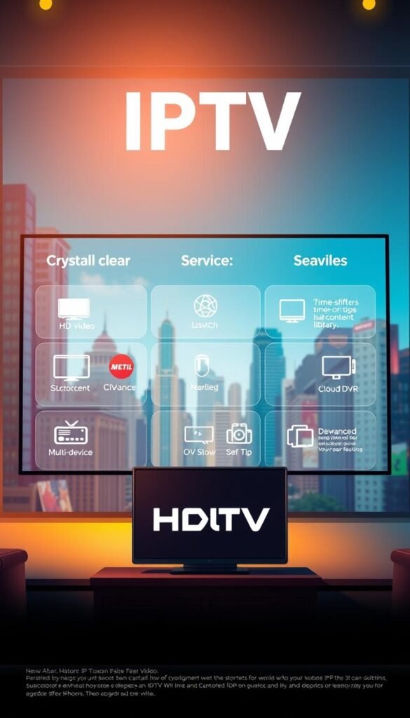 A sleek, modern illustration showcasing the benefits of IPTV services. In the foreground, a Hoxtoon Provider logo stands prominently, highlighting the brand's role in delivering this technology. The middle ground features a grid of icons representing key IPTV advantages: crystal-clear HD video, a vast content library, seamless multi-device compatibility, and advanced features like time-shifting and cloud DVR. The background depicts a vibrant cityscape, conveying the versatility and accessibility of IPTV in an urban setting. The overall scene is illuminated by warm, natural lighting, creating a welcoming and visually appealing atmosphere.