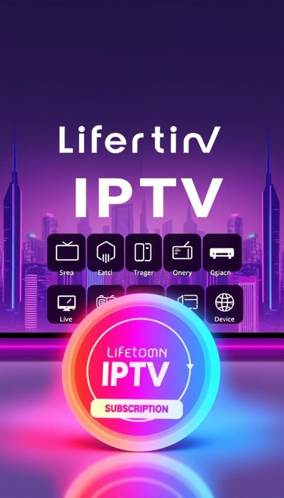 A sleek, modern illustration showcasing the benefits of a Hoxtoon Provider IPTV lifetime subscription. In the foreground, a stylized icon representing a lifetime subscription badge with a glowing, minimalist design. In the middle ground, a series of neatly arranged icons depicting popular IPTV features like live TV channels, on-demand content, and device compatibility. The background features a subtle, futuristic cityscape with towering skyscrapers and a vibrant, neon-tinged color palette, conveying a sense of technological advancement and the global reach of IPTV services. The overall composition is clean, elegant, and visually captivating, effectively highlighting the key benefits of a Hoxtoon Provider IPTV lifetime subscription.
